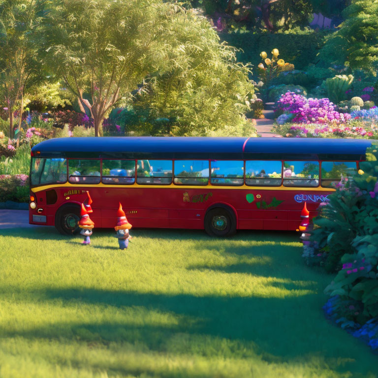 Red Bus Parked on Green Grass with Gnome Statues