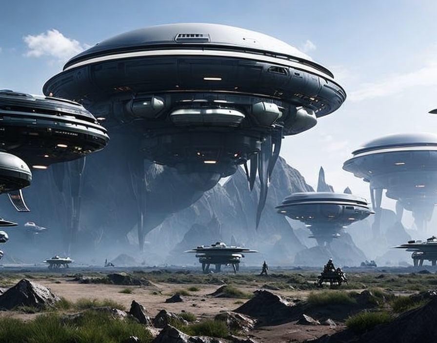 Futuristic landscape with floating cities and flying vehicles above rocky terrain