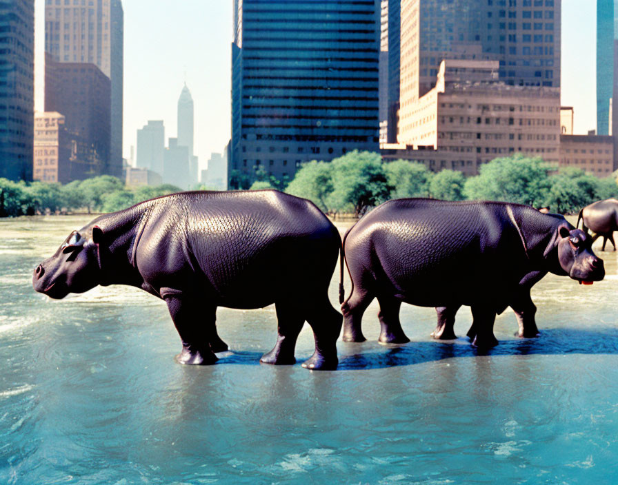 Three hippos in water with city skyline view