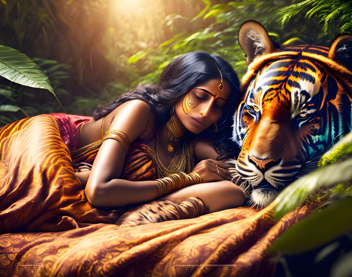 indian girl sleeping with a tiger