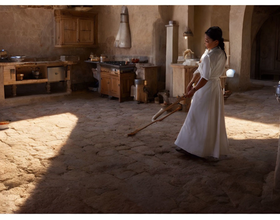 Historical woman sweeping rustic kitchen with vintage cookware