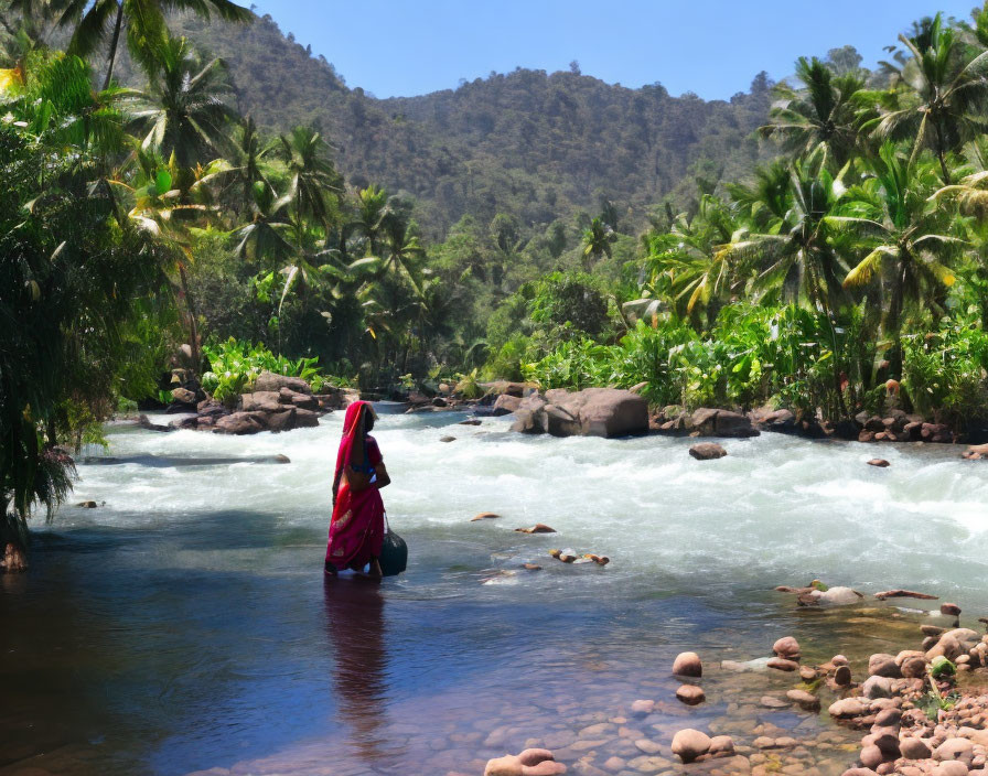 Person in Bright Red Sari by Flowing River and Palm Trees