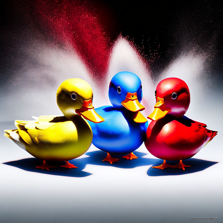 Colorful Rubber Ducks with Exploding Powder on White Background