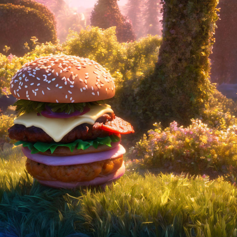 Vibrant garden scene with stylized hamburger under sunrise