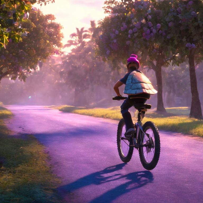Person in Pink Helmet Riding Bicycle on Purple Path with Fruit Trees at Sunrise