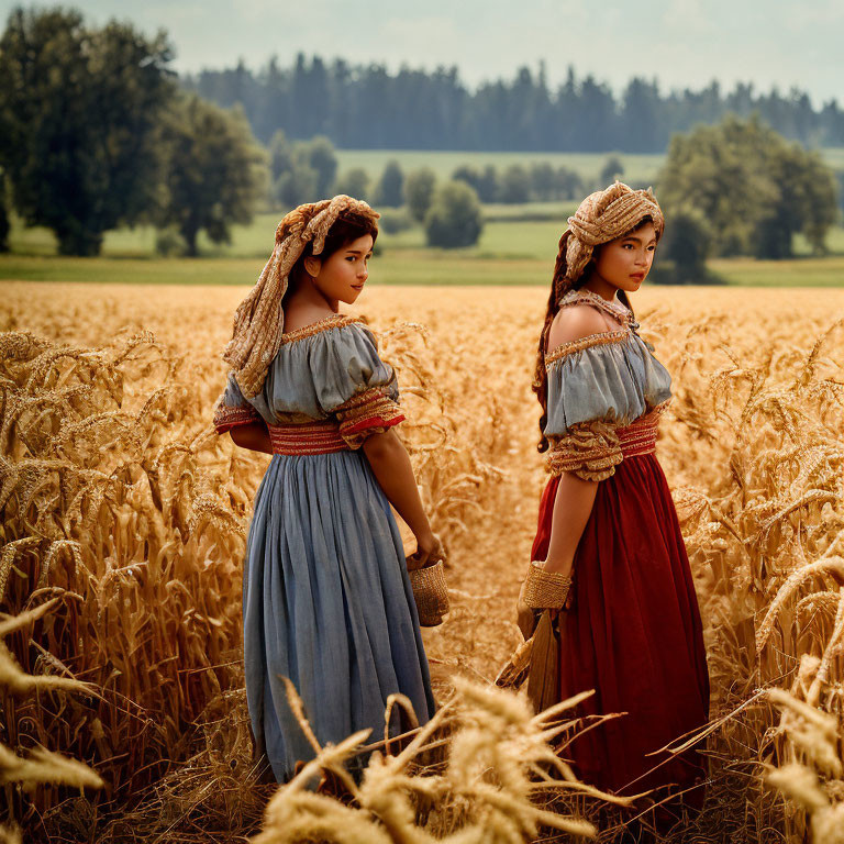 Peasant girls working in the wheat fields