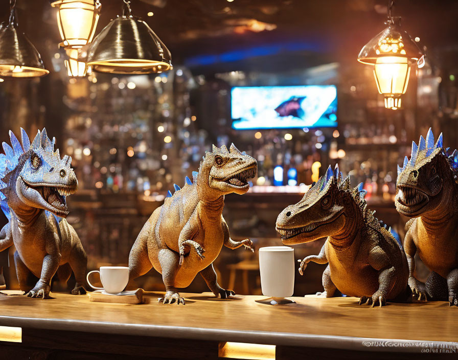 Animatronic dinosaurs at bar with mugs, warm lighting, TV in background