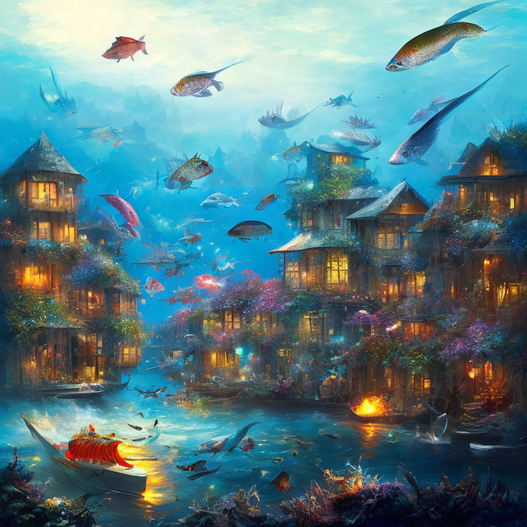Underwater scene with fish, wooden houses, soft lights, and lantern boat