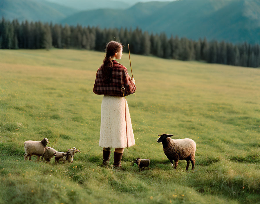 Woman in skirt and plaid shirt with sheep and mountains in field