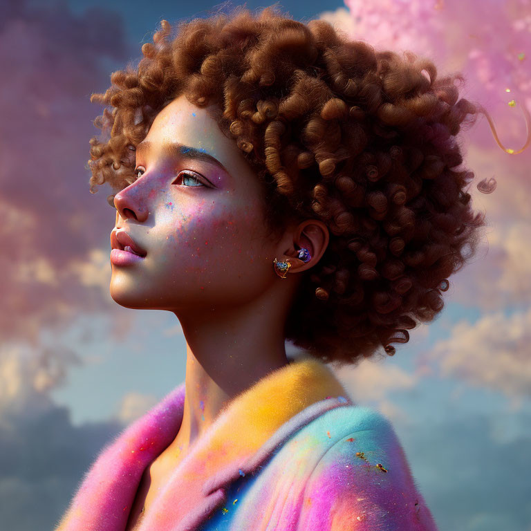Colorful Curly-Haired Woman Artwork on Pink Cloud Background