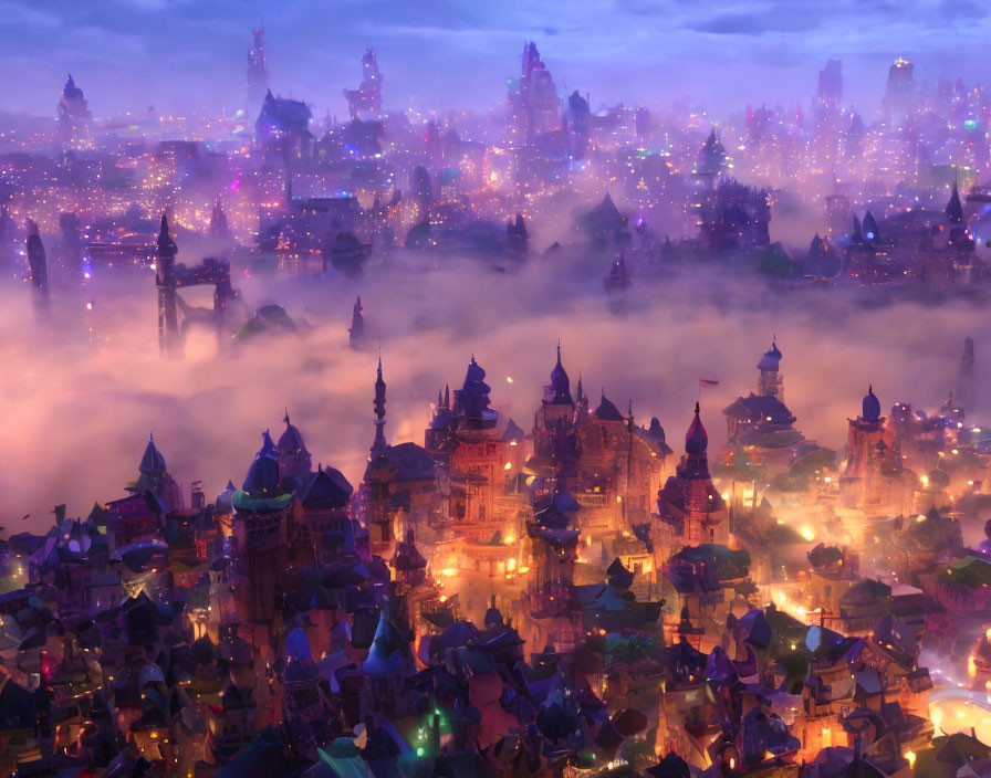 Mystical cityscape at dusk with fog and warm lights