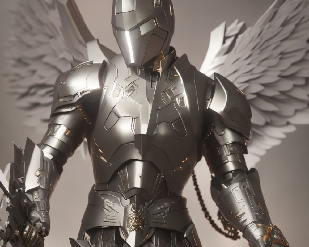 Futuristic knight with mechanical wings and gauntlet on neutral background