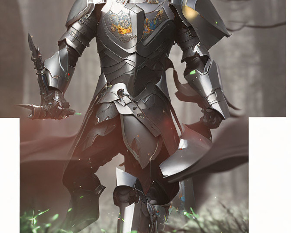 Detailed full-body knight in ornate armor, crest on chest, in misty forest with glowing green
