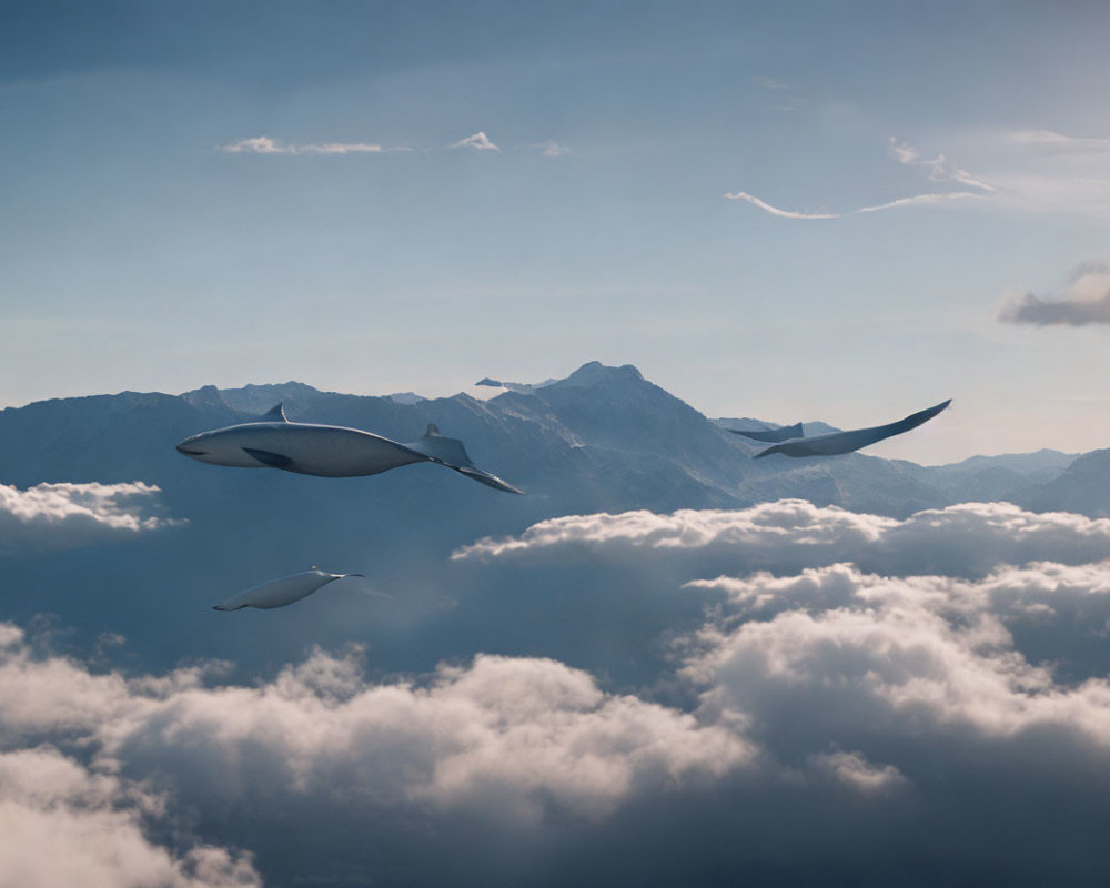 Three futuristic airships flying over mountain peaks in tranquil scene