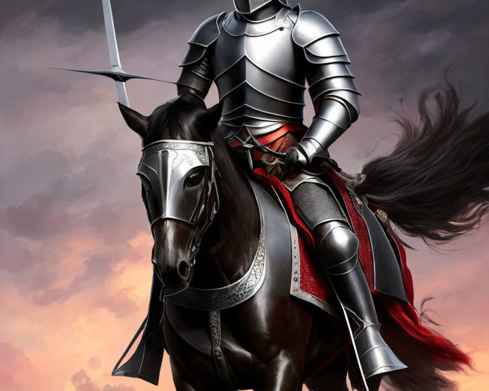 Knight in Shining Armor on Black Horse Under Dramatic Sky