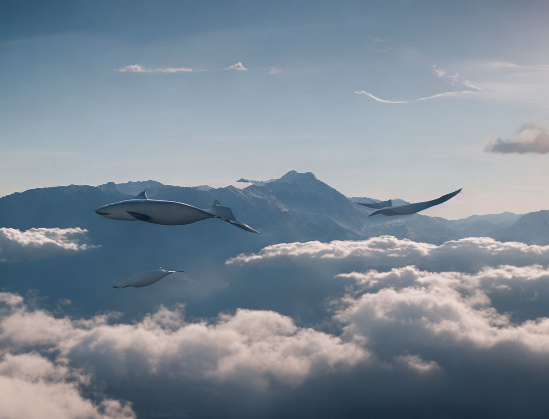 Three futuristic airships flying over mountain peaks in tranquil scene