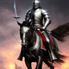 Knight in Shining Armor on Black Horse Under Dramatic Sky