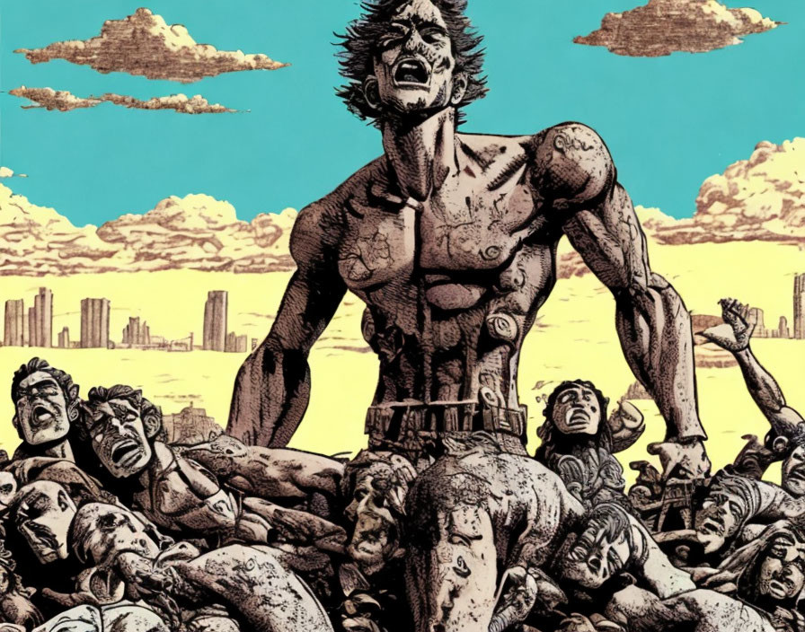 Muscular shirtless animated male character standing triumphantly atop defeated figures under cloudy sky