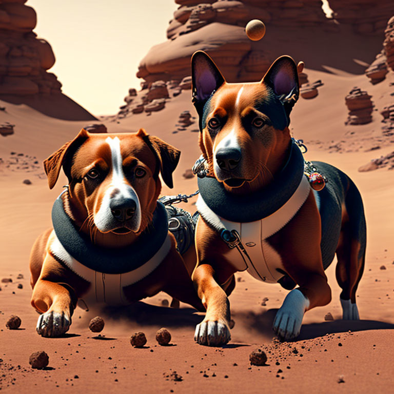 Two Dogs in Space Suits on Mars with Floating Ball