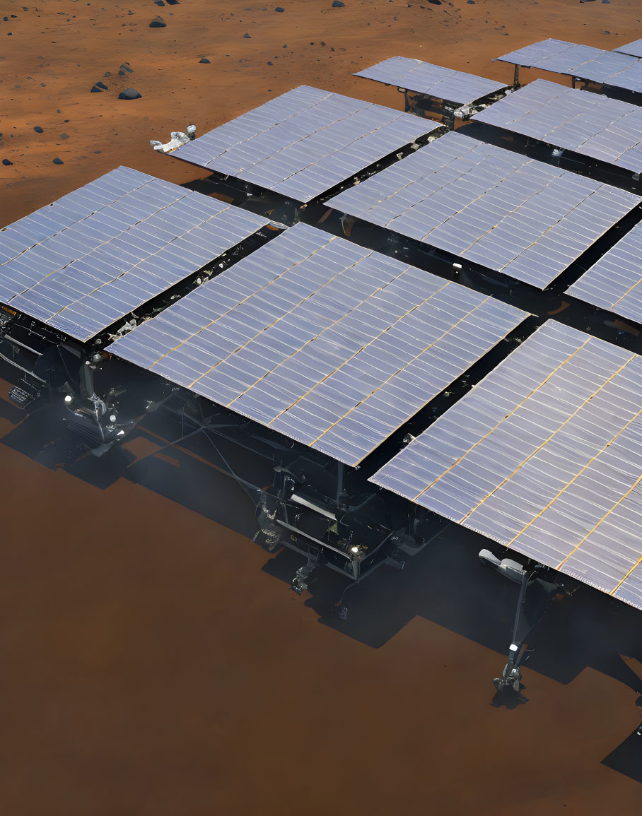 Mars rover with extended solar panels on red planet surface