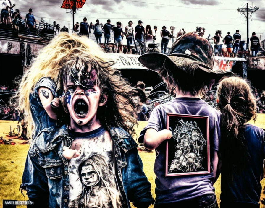 Children with face paint at outdoor event, one excitedly screaming, crowd in background.
