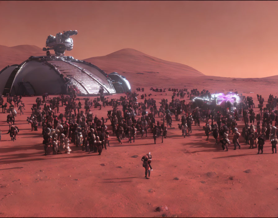 Mars Base with Dome, Crowds, Vehicles, and Red Landscape