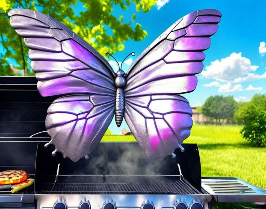 Vibrant purple butterfly on outdoor grill with sunny park scene