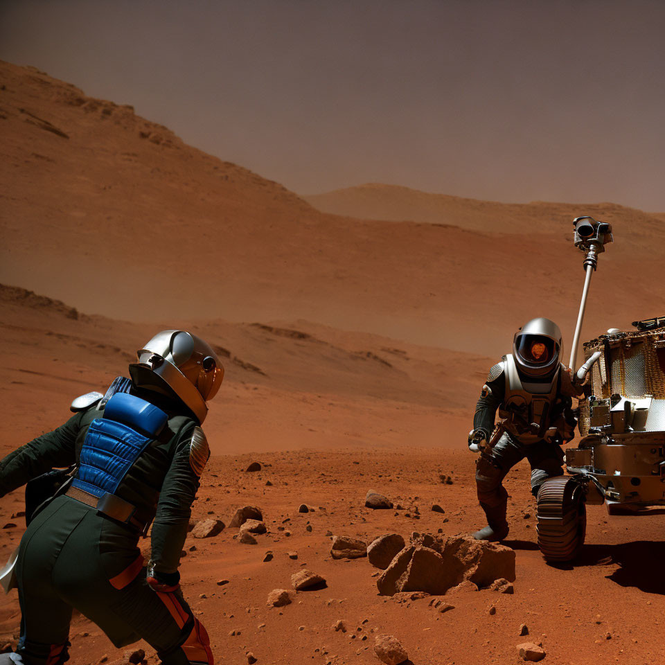Astronauts in space suits explore Mars-like terrain with rover