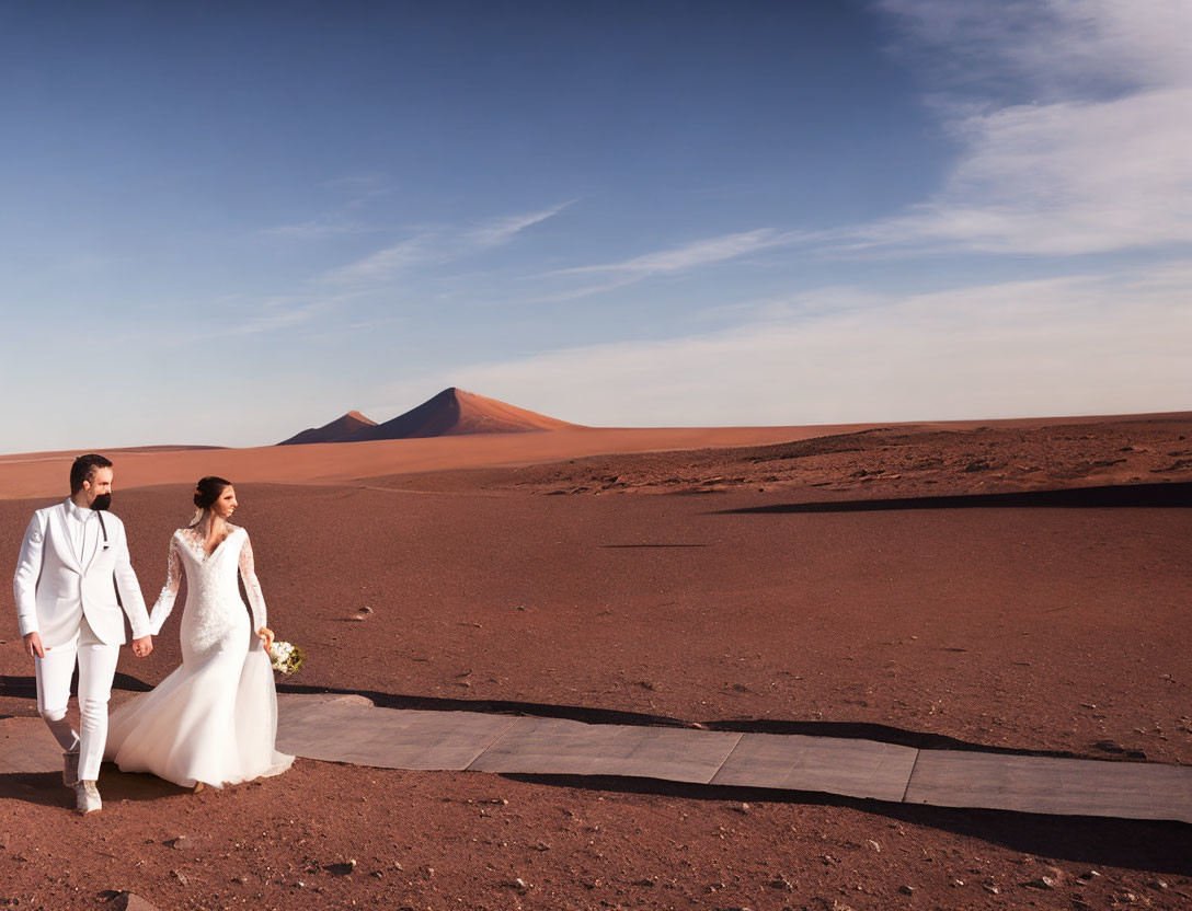 Desert Wedding Scene with Bride and Groom Holding Hands