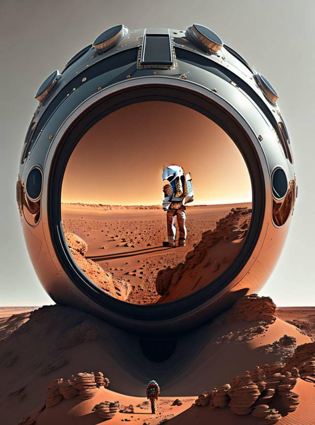 Astronaut on Mars-like landscape outside futuristic habitat window