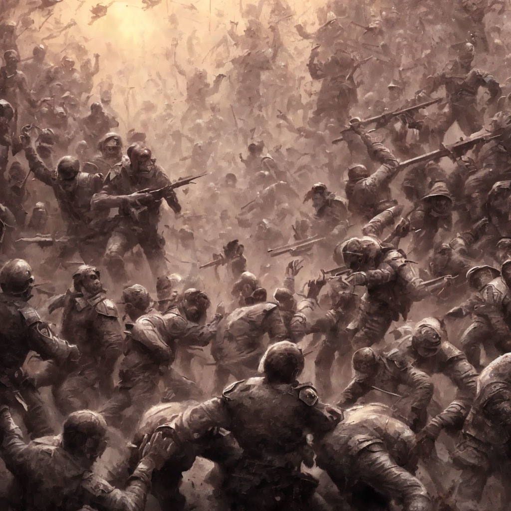 Detailed Battle Scene: Soldiers Engaged in Close Combat Amidst Dust and Smoke