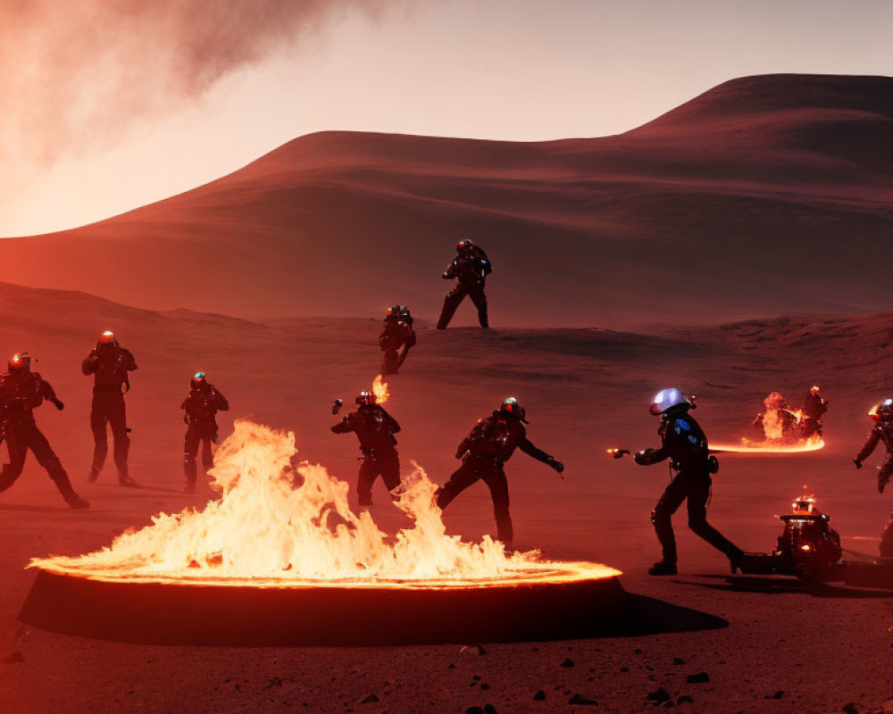 Futuristic soldiers in armor advance through fiery desert landscape
