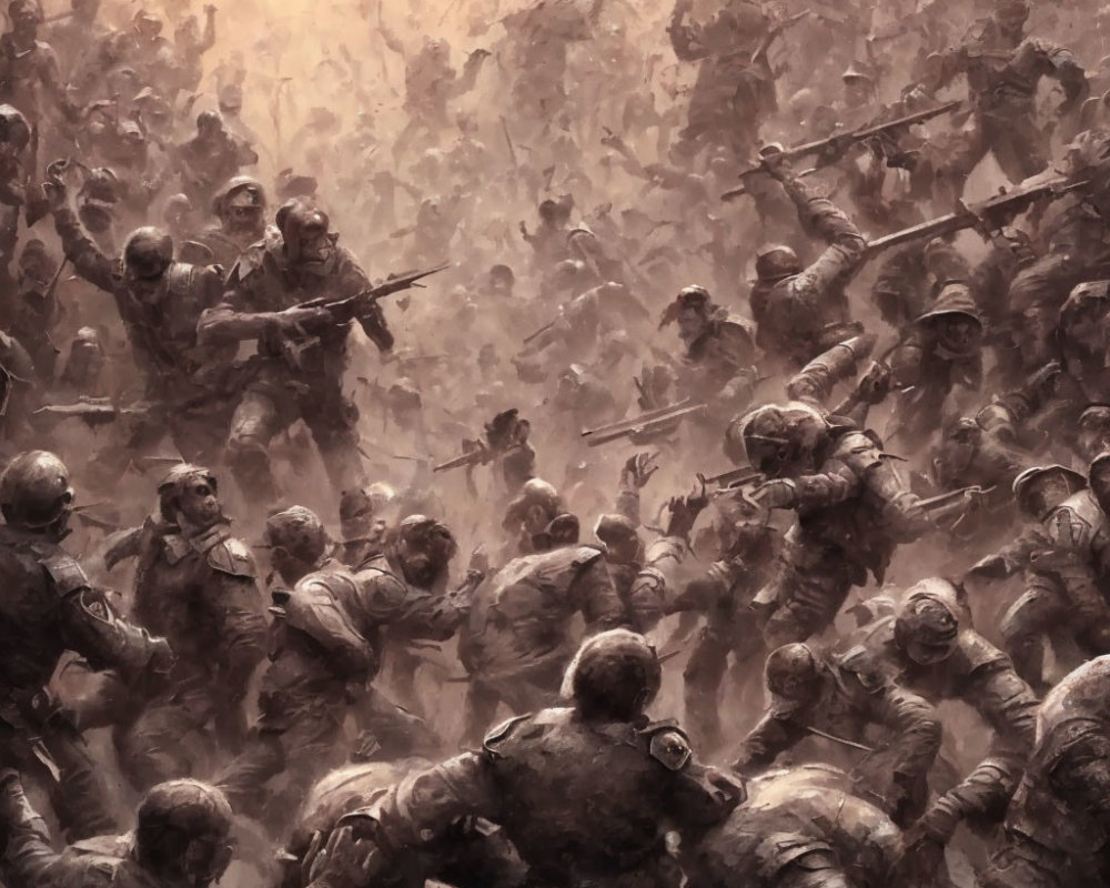 Detailed Battle Scene: Soldiers Engaged in Close Combat Amidst Dust and Smoke