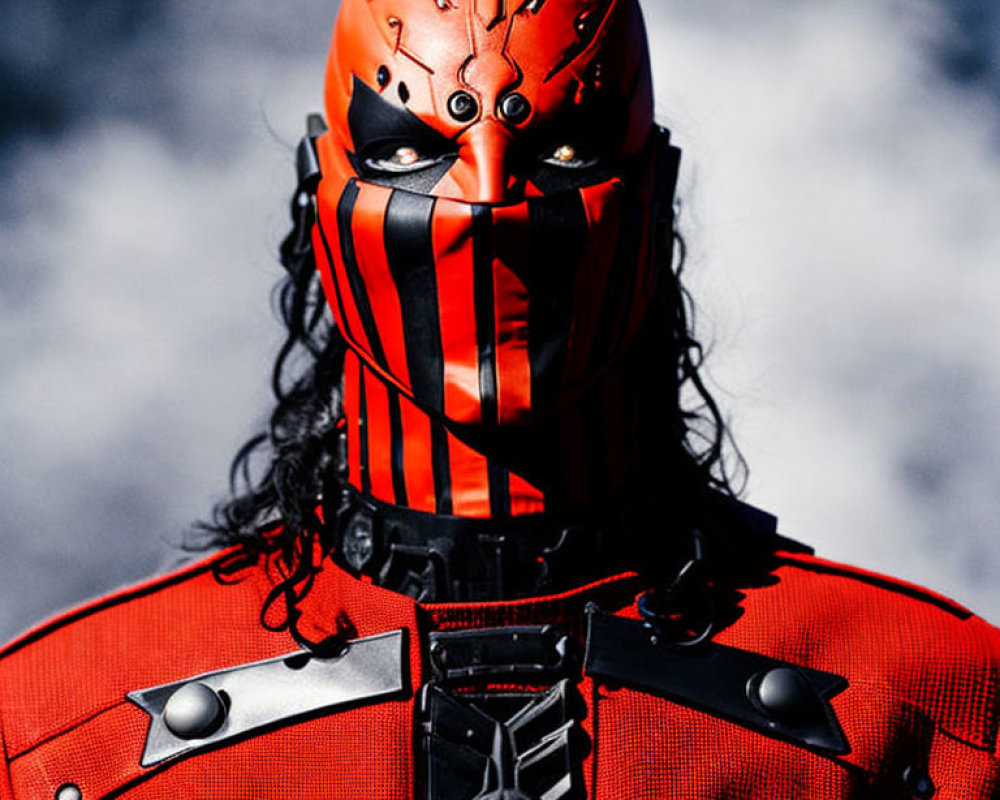 Person in Red and Black Costume with Metallic Mask and Long Hair on Blurred Background