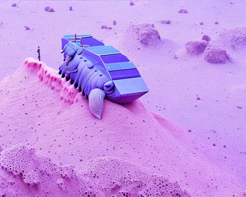 Whimsical purple spacecraft on alien landscape with figure