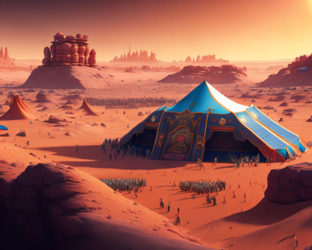 Ornate blue tent in desert landscape with sand dunes, smaller tents, and rock formations