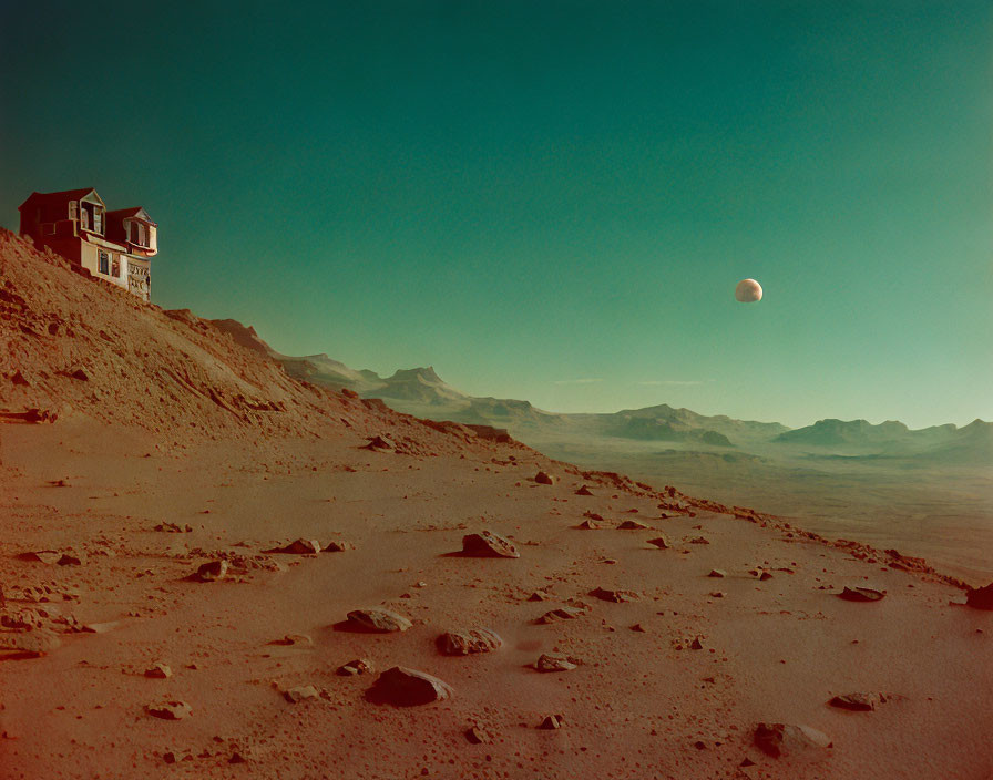 Surreal landscape with lone house on barren hill and large moon in hazy sky
