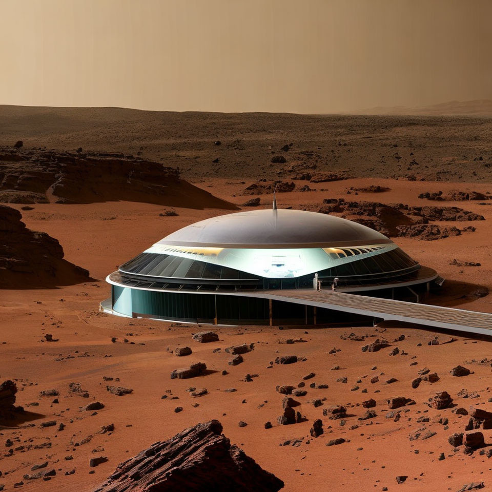 Futuristic dome structure on Mars-like terrain with person and rocky landscape