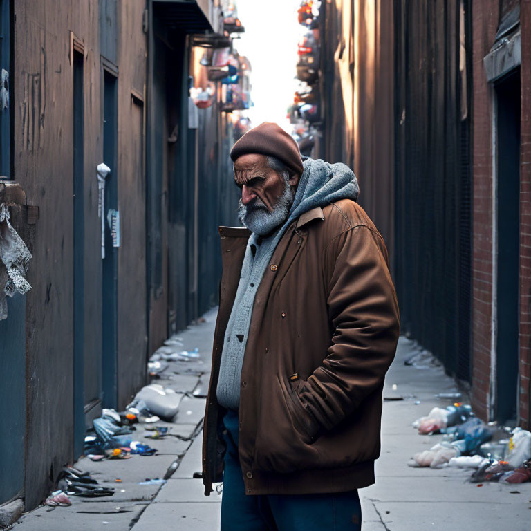 Bearded older man in hat and jacket in narrow alley with litter
