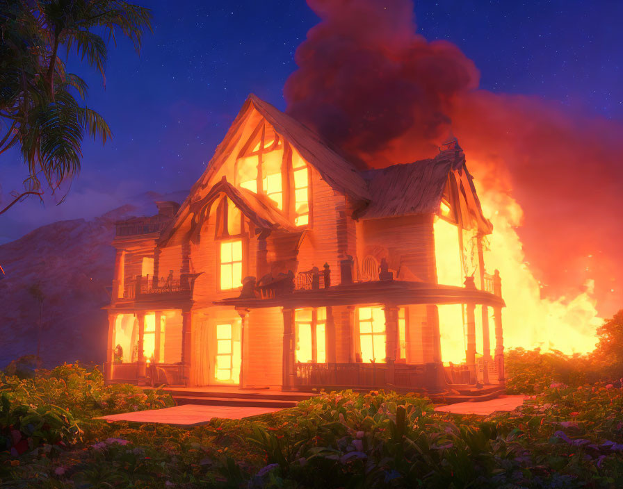 Two-story house at dusk with glowing windows and volcanic eruption in background