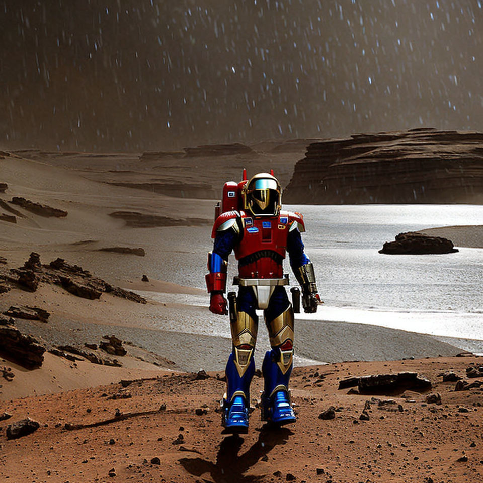 Multicolored Suit Astronaut on Rocky Mars-like Terrain