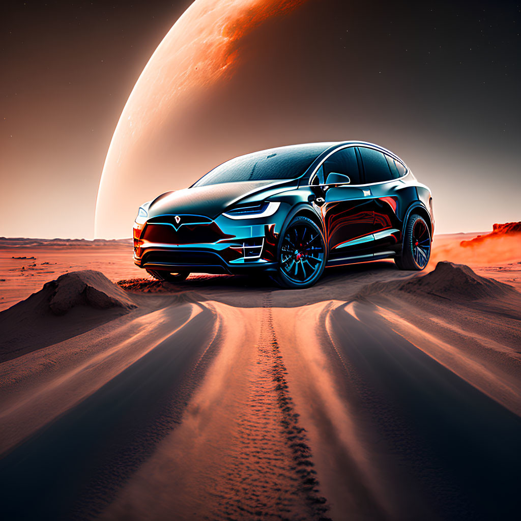 Futuristic black and red Tesla Model X on Mars-like terrain with celestial body