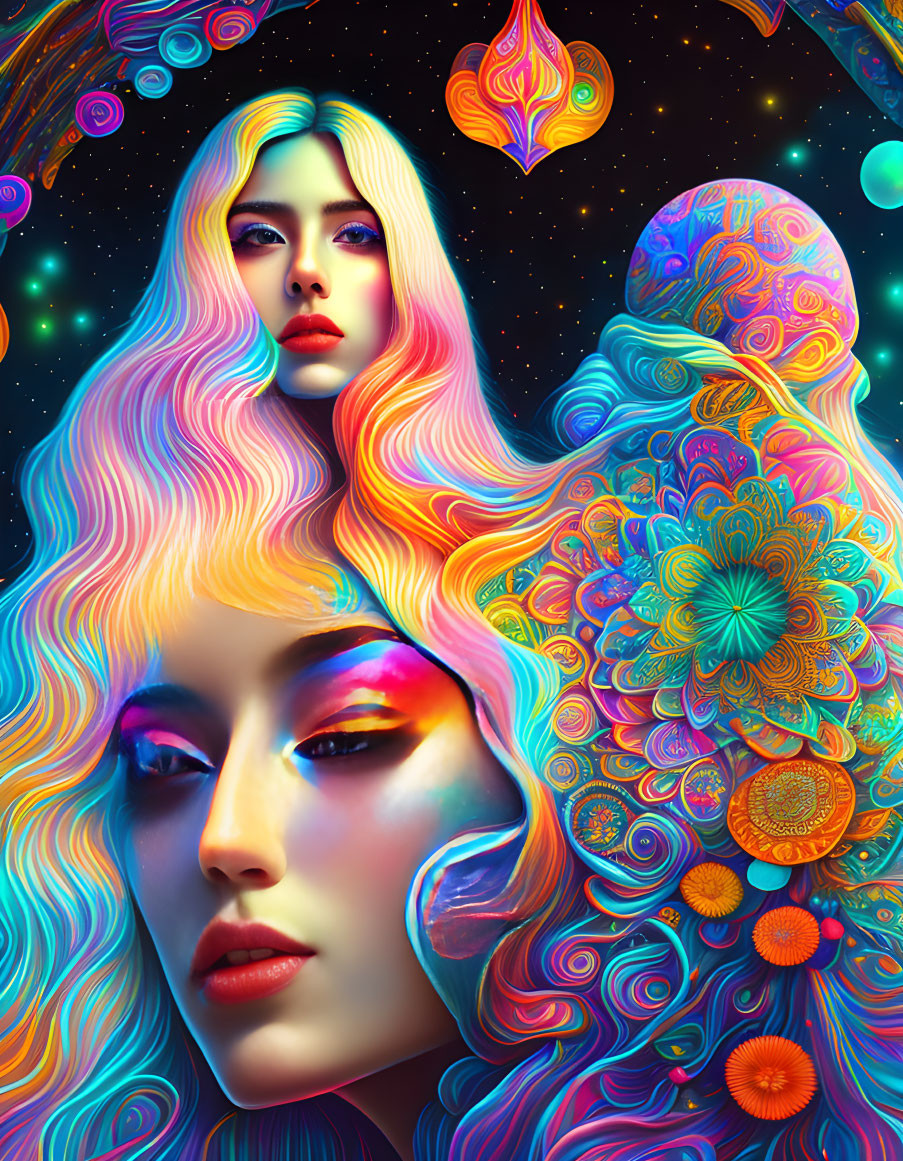 Colorful digital art portrait of two women with flowing hair and iridescent makeup against a cosmic backdrop