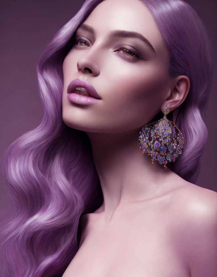 Woman with Lavender Hair and Ornate Earring on Purple Background
