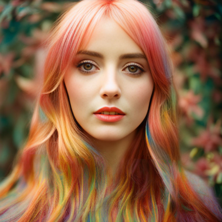 Pink-orange hair woman portrait with striking makeup in autumn leaves background.