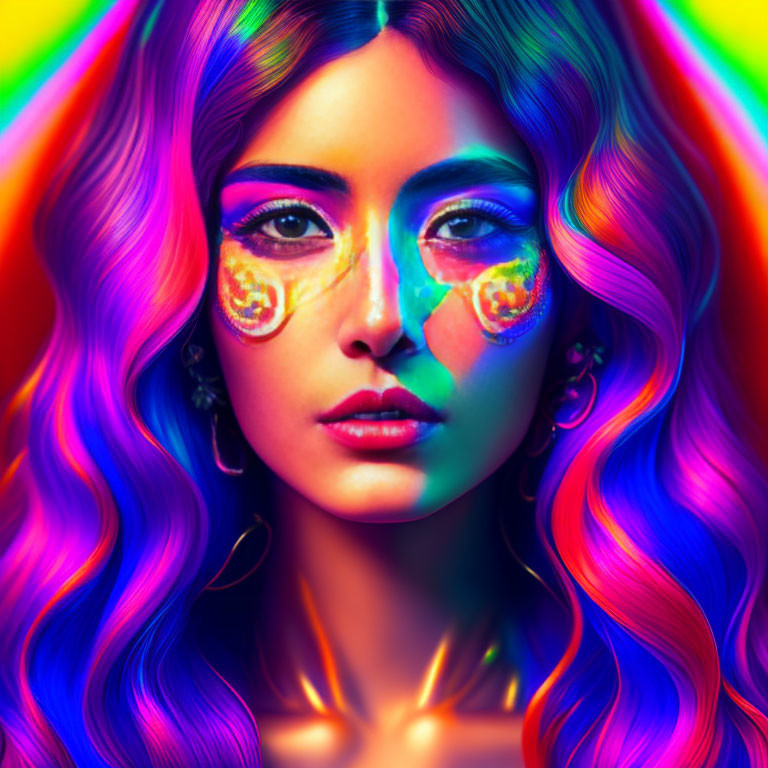 Colorful portrait of woman with face paint and rainbow hair on vibrant background