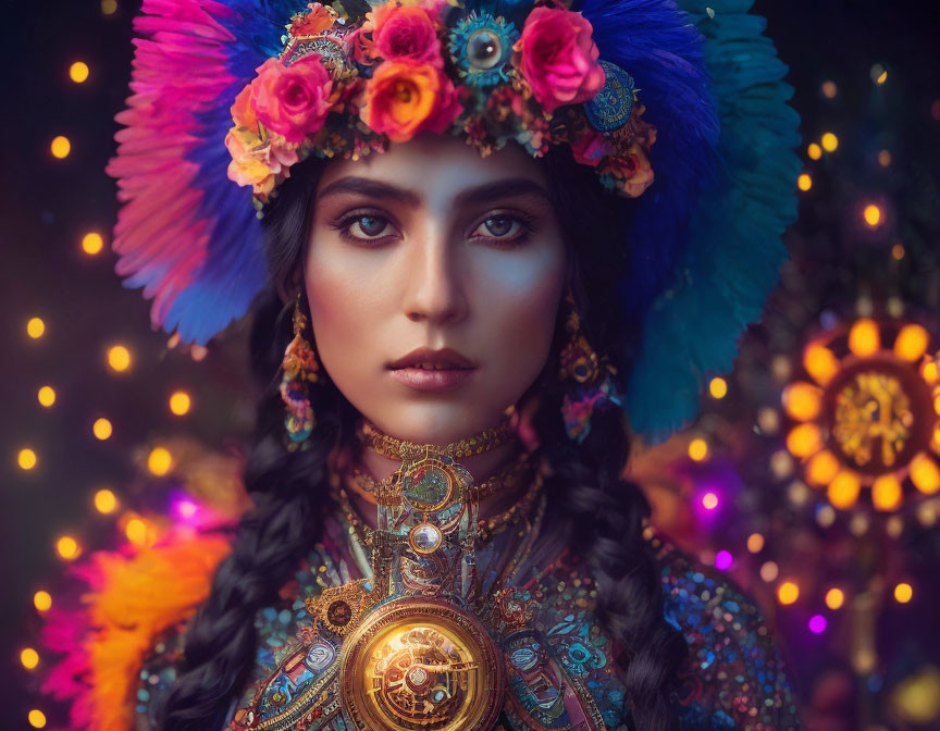Woman in vibrant feathered headdress and ornate jewelry with floral decorations.