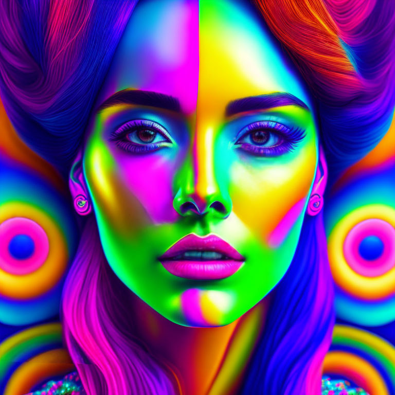 Colorful digital portrait of a woman with symmetrical features in neon rainbow palette