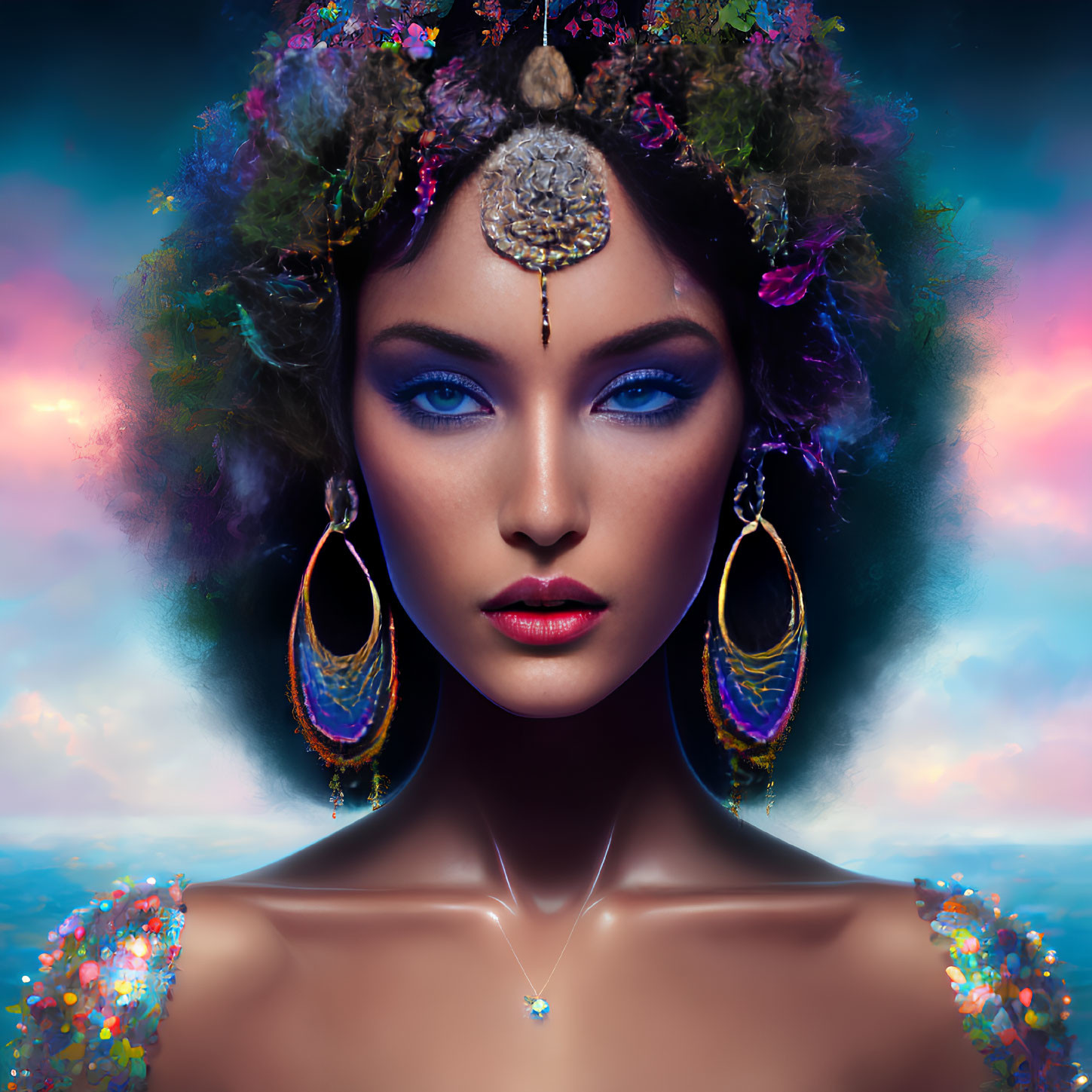 Digital artwork featuring woman with blue eyes, floral crown, jewelry, and body accents against cloudy sky