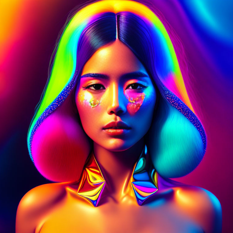 Vibrant portrait of a woman with rainbow hair and neon makeup